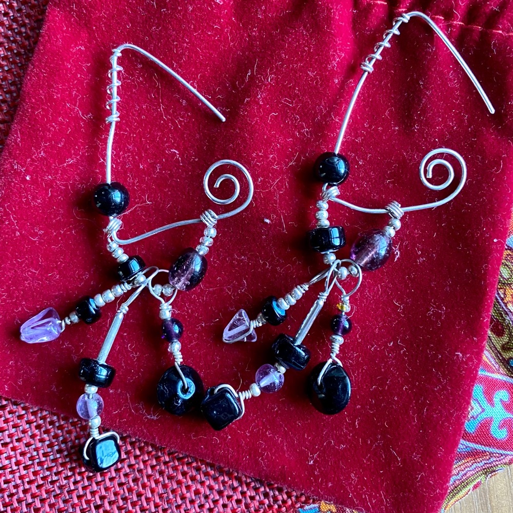 Vintage Sterling Silver Beaded Earrings Black Purple